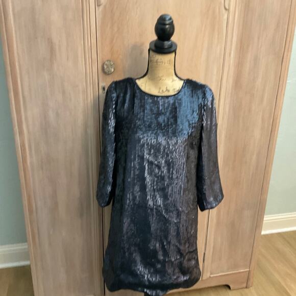 J.Crew Tie V-Back Sequin 3/4 Sleeve Mini Dress Size 4 Navy Holiday Disco NWT - Picture 12 of 15